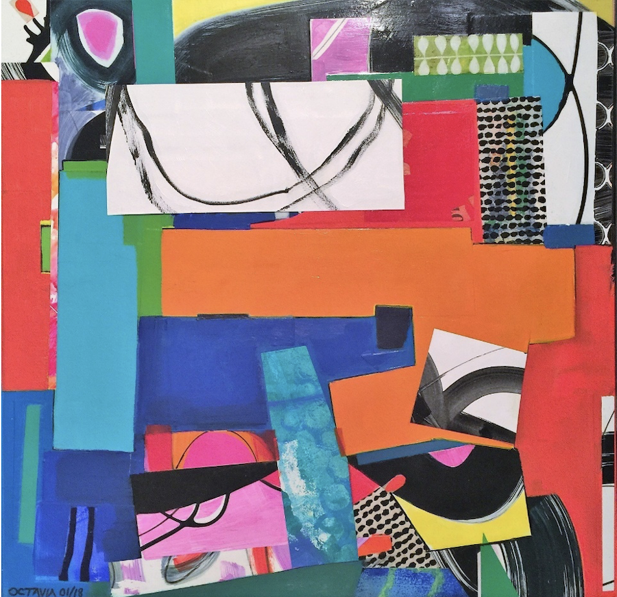 Abstract mixed-media collage composed of overlapping geometric shapes in bright colors and varied textures.