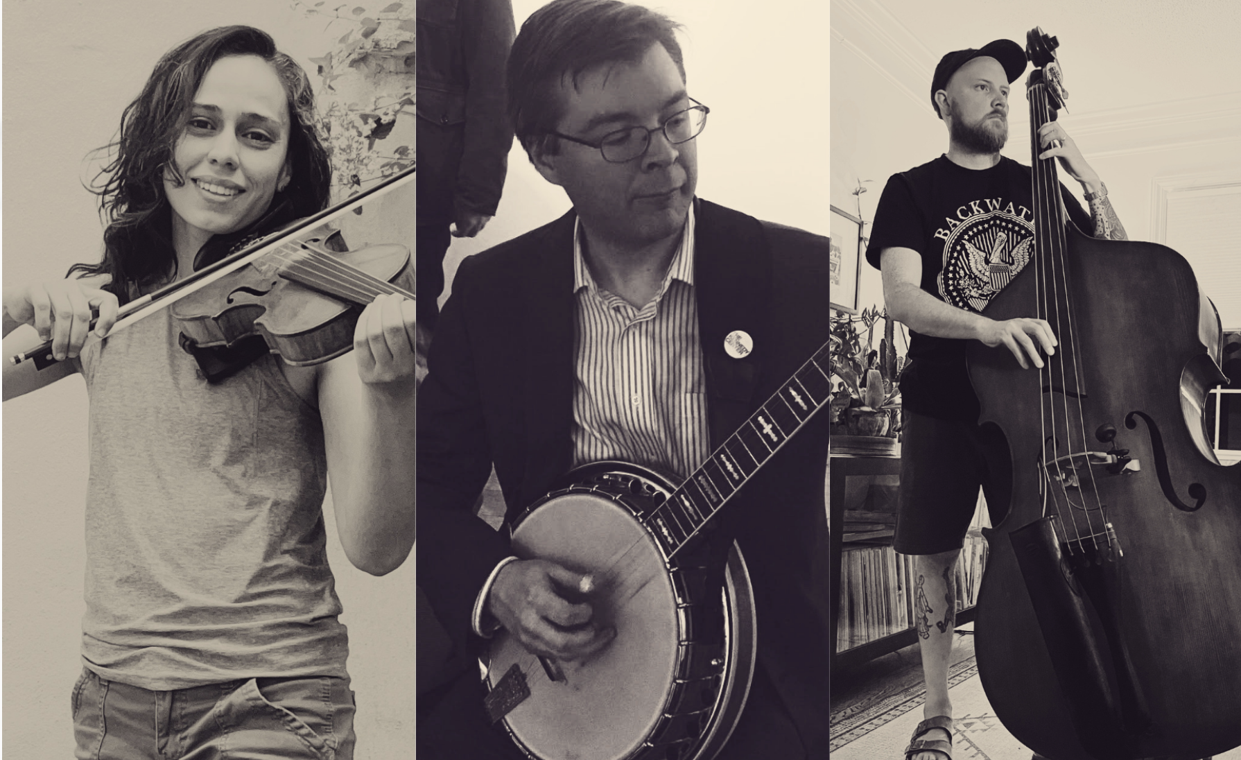 Three musicians play the violin, banjo, and upright bass in side-by-side portraits.