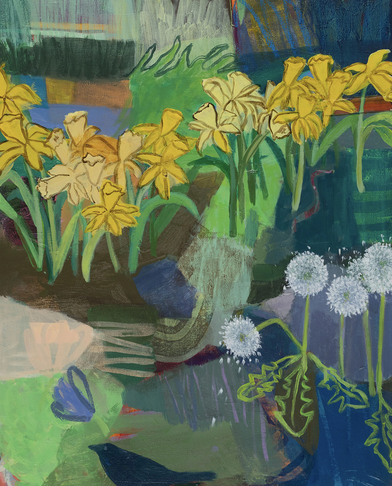 Expressive floral painting with yellow flowers and white dandelions layered over an abstract green and blue background.