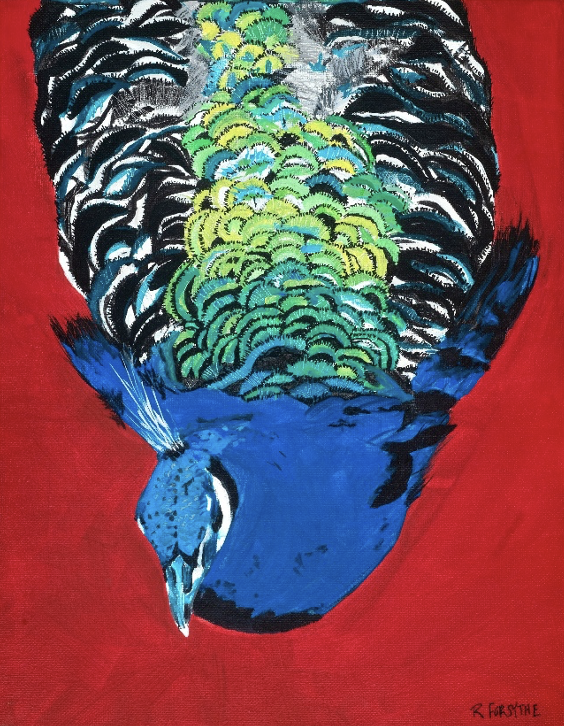 Vibrant painting of a blue bird with patterned feathers against a bold red background.