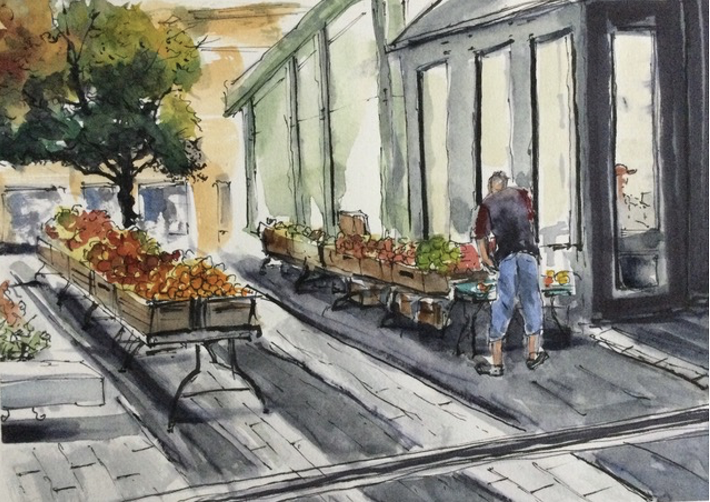 Watercolor painting of an outdoor market scene with fruit stands and a person arranging produce.