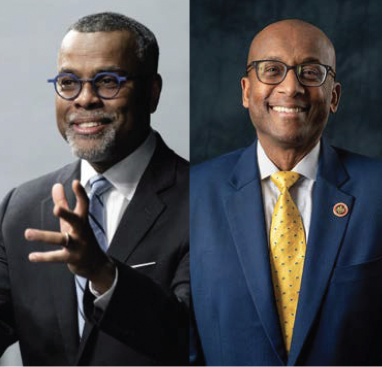 Side-by-side portraits of two men in business attire, one speaking and one smiling at the camera.
