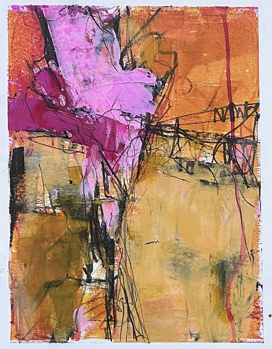 Abstract composition with pink, orange, and black layered marks.