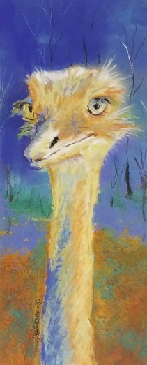 Colorful painting of an ostrich against a blue and purple background.