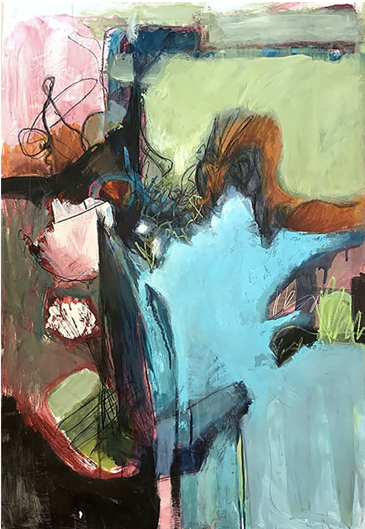 Abstract painting with layered blue, pink, and earthy tones with expressive brushstrokes and scribbled lines.