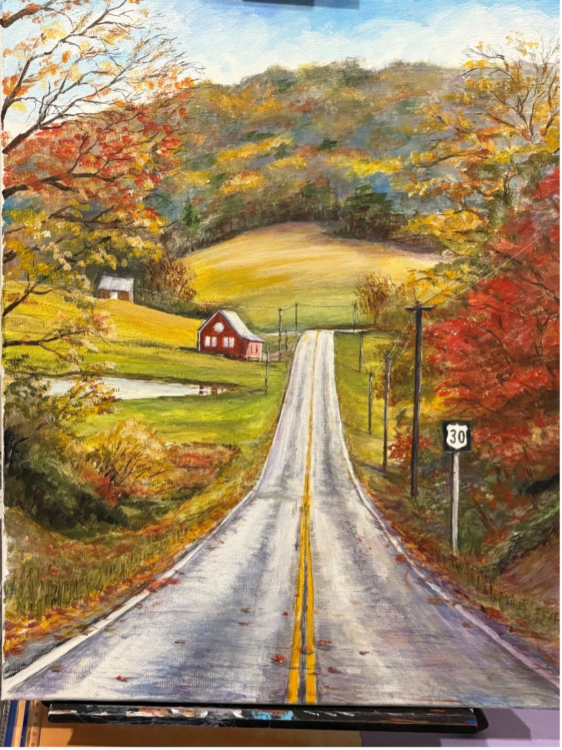 Painting of a winding country road surrounded by colorful autumn trees and rolling hills.