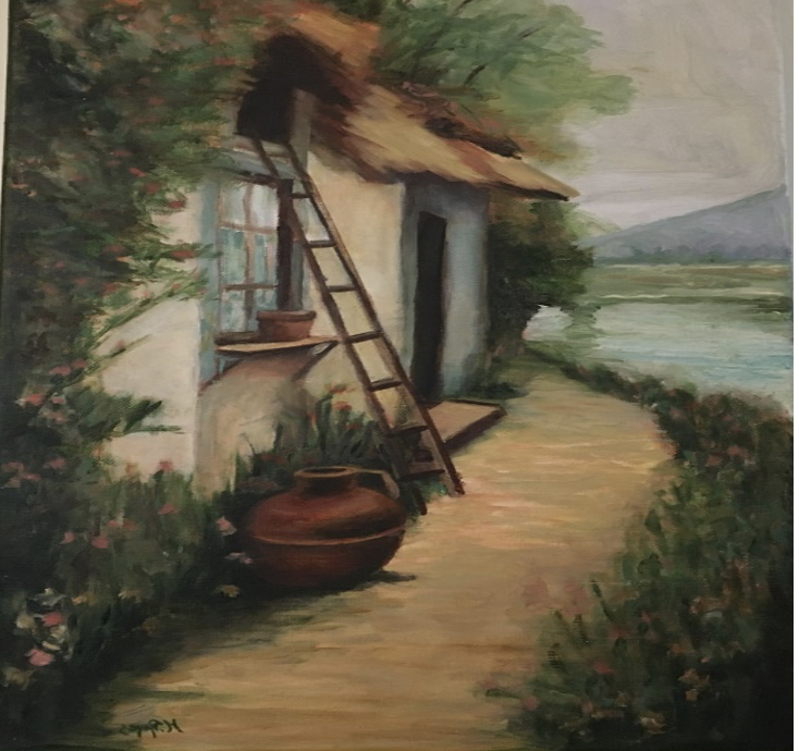 Rural house with a ladder and garden path painted in soft, natural tones.