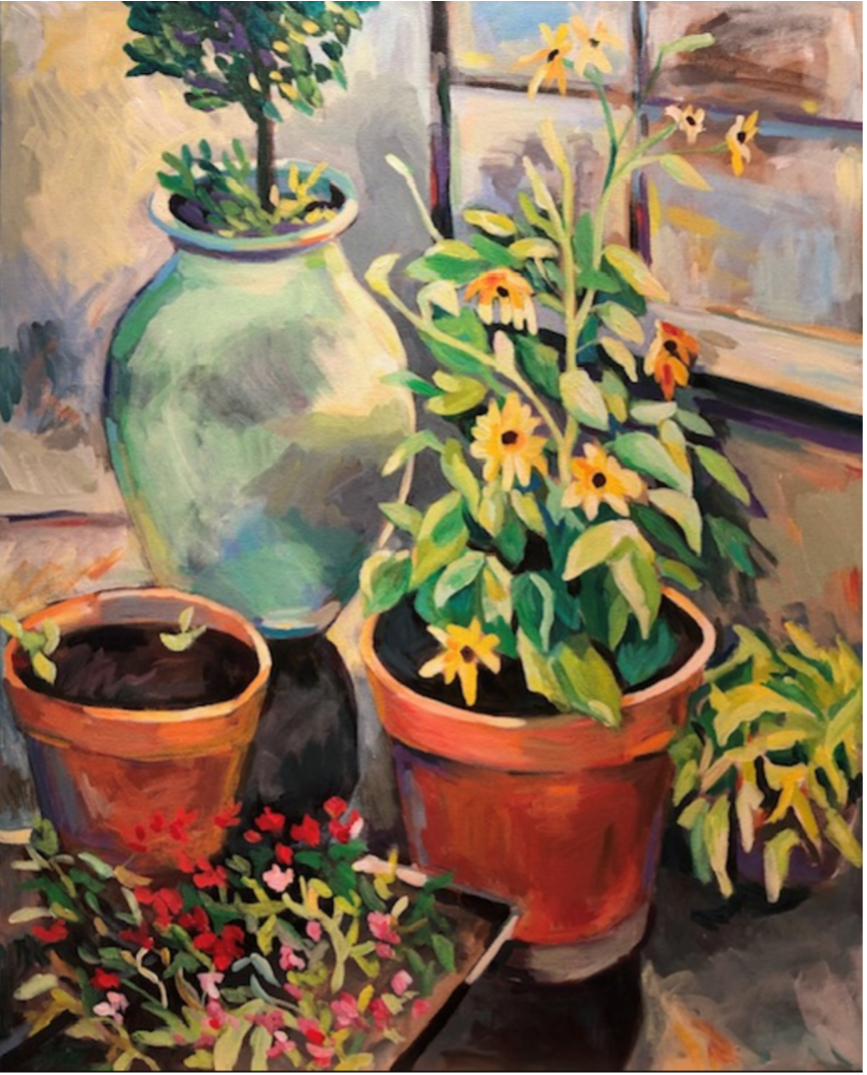Painting of yellow flowers in a terracotta pot beside a green vase.
