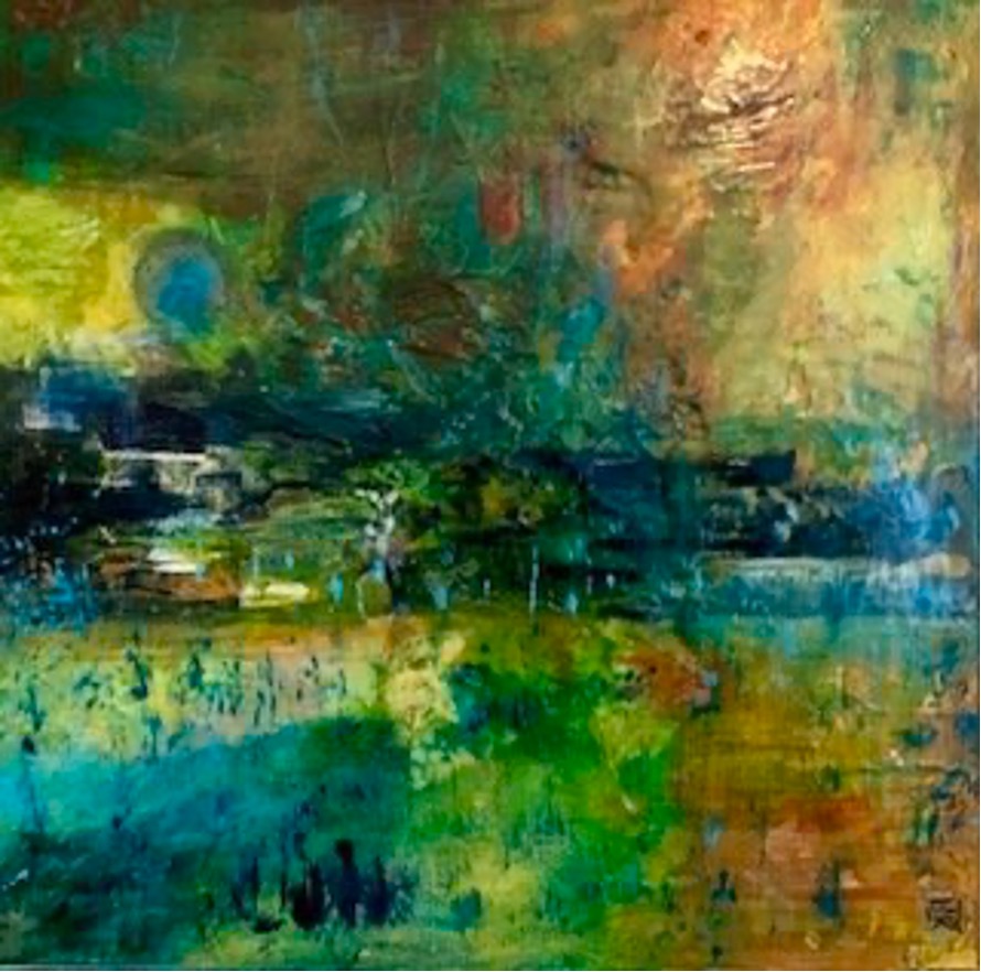 Abstract painting in shades of green, blue and gold.
