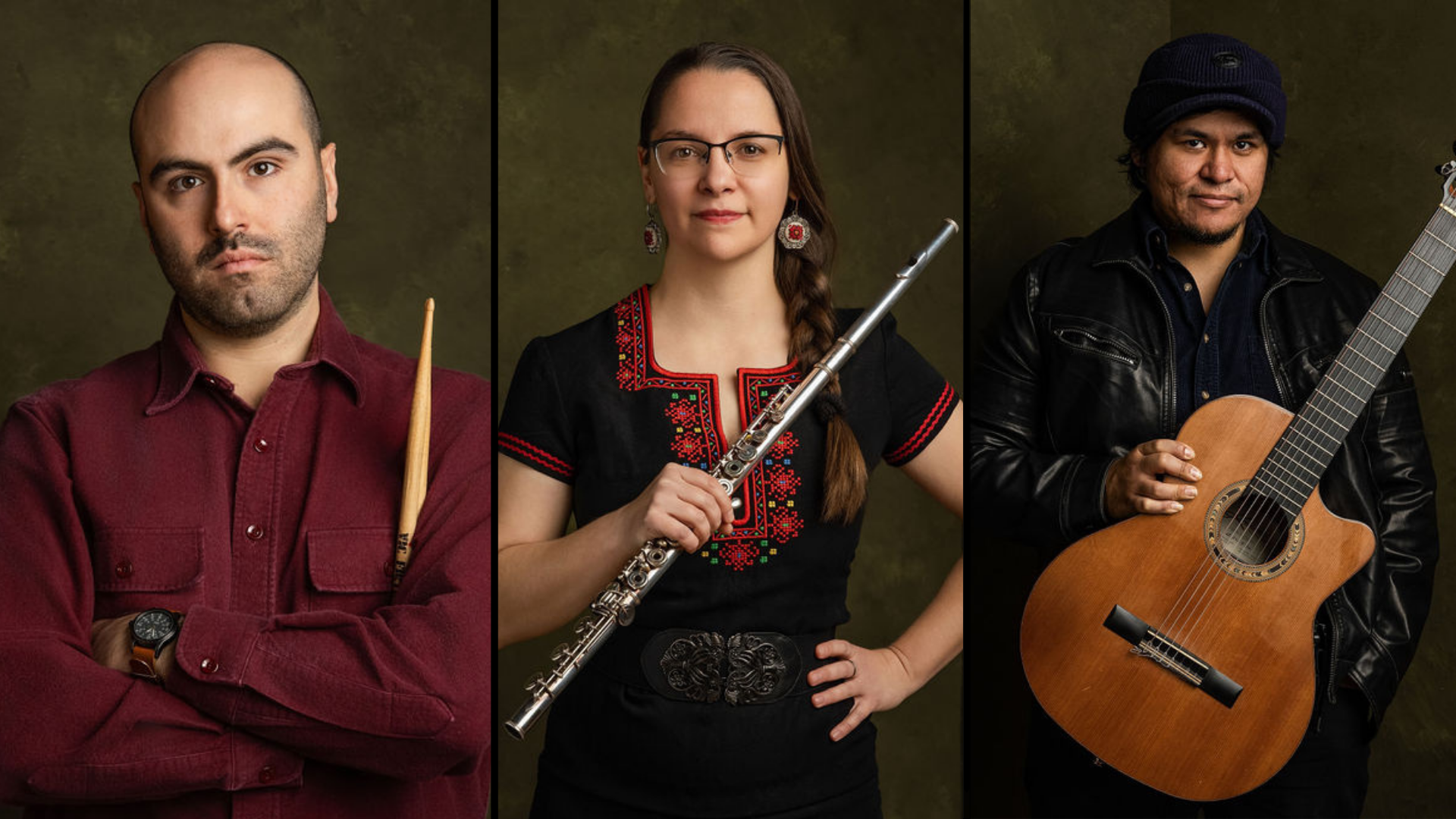Three musicians pose with a drumstick, flute, and guitar in side-by-side portraits.