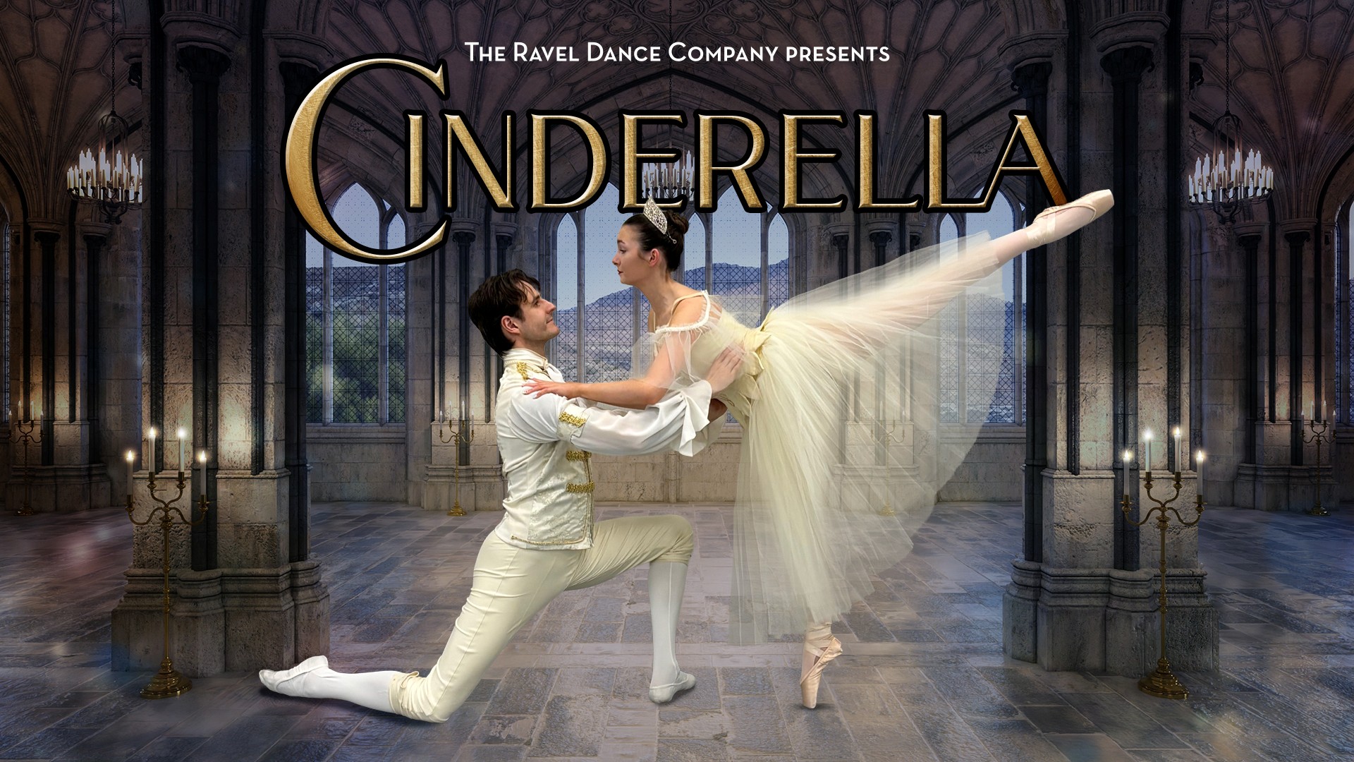 Ballet dancers portraying Cinderella and a prince in a castle, with the title “Cinderella.”