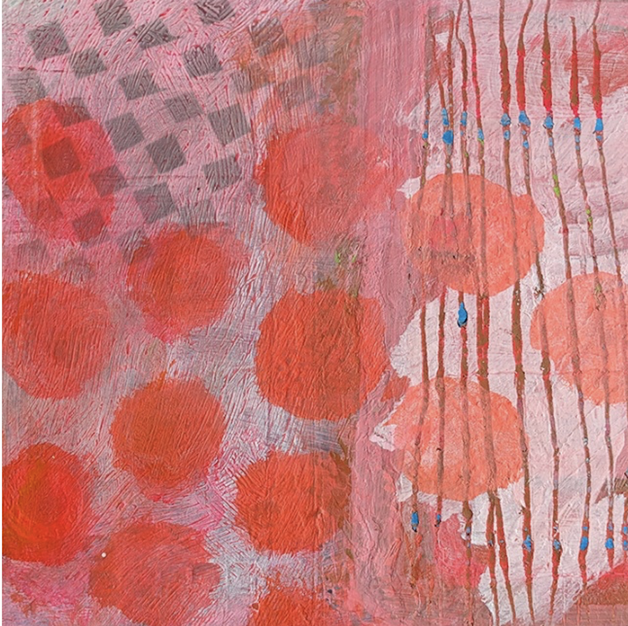 Abstract pink mixed-media artwork with layered red circles, soft textures, and vertical line patterns.