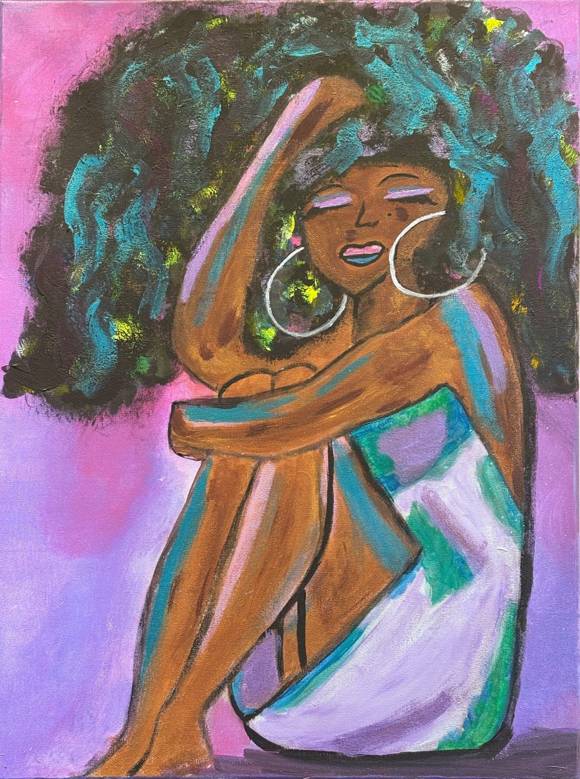 Painting of a woman with voluminous curly hair and hoop earrings in vibrant colors.