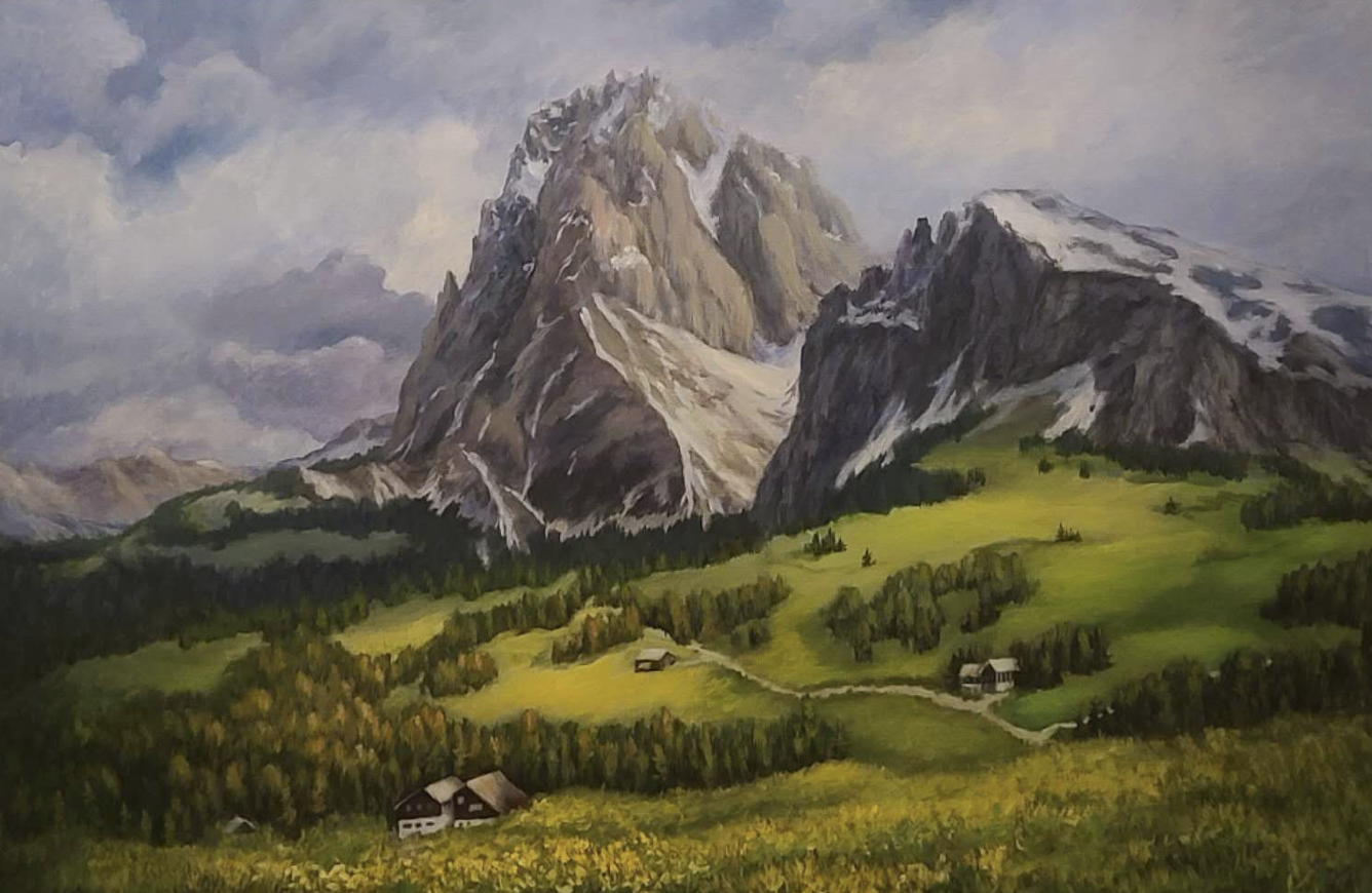 Landscape painting of dramatic mountain peaks rising above green hills, forests, and small farmhouses under a cloudy sky.