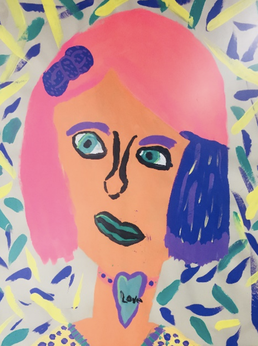Bright, stylized portrait with pink and blue hair and a heart-shaped necklace.