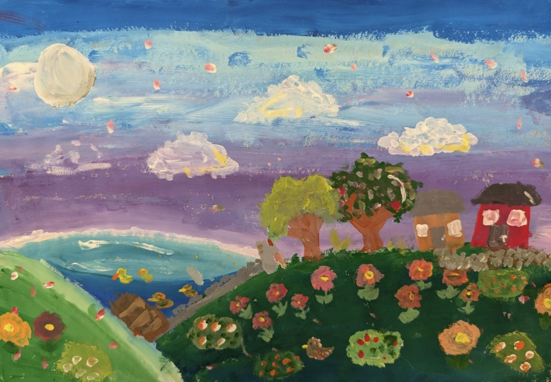 Child’s painting of colorful landscape with trees, flowers, houses, and pond under bright sky.