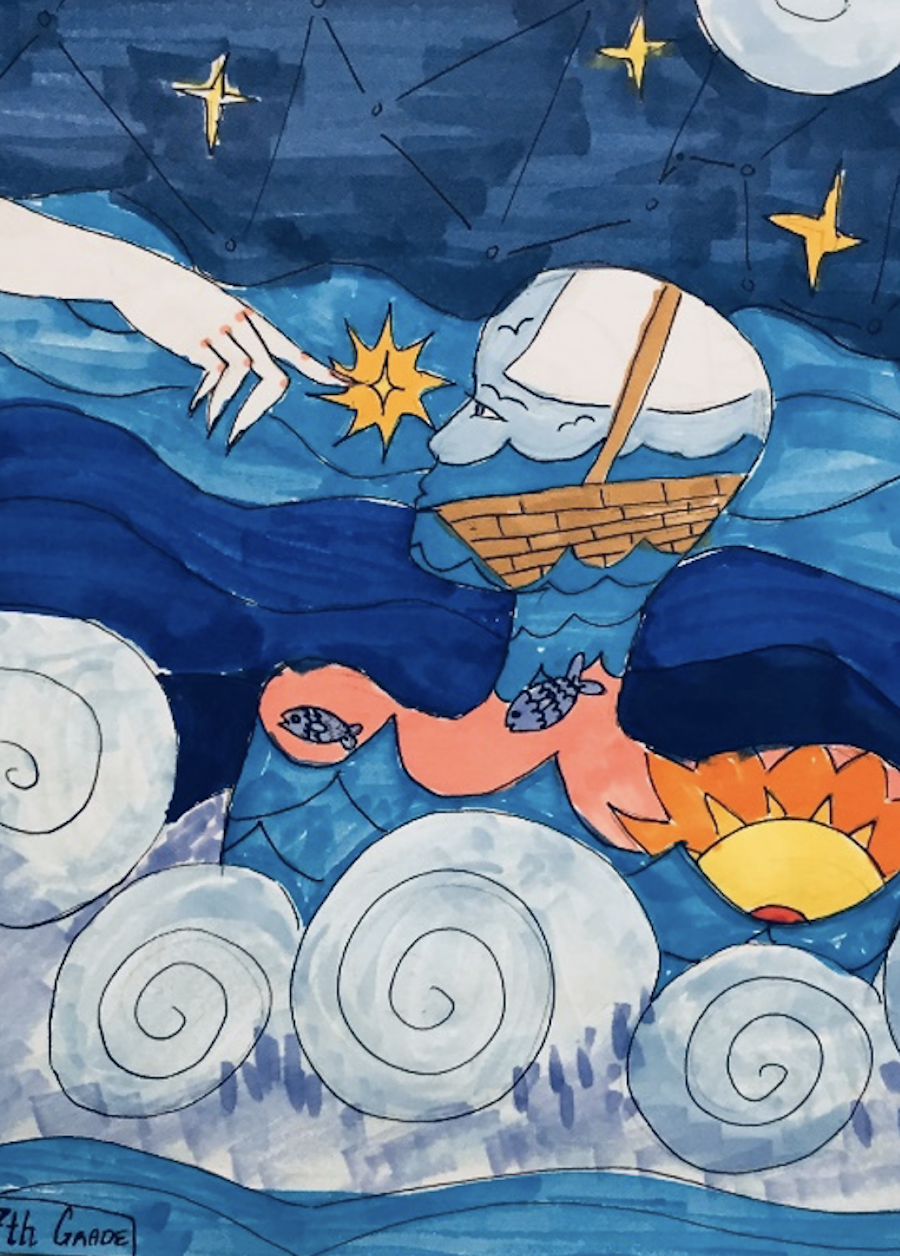 Surreal ocean illustration with waves, stars, a small boat, and a hand reaching toward a star.