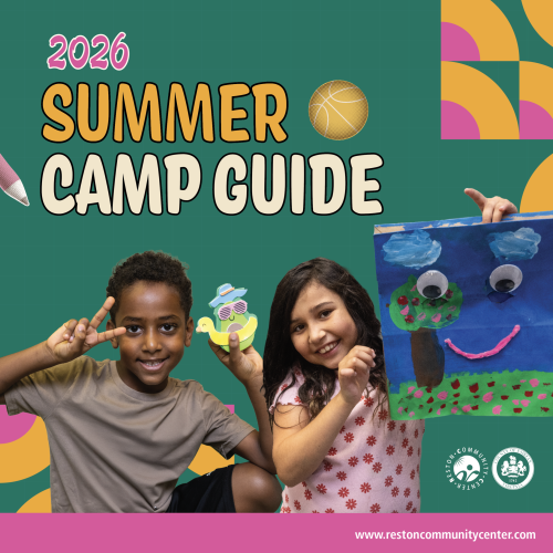 Two smiling children holding crafts on a colorful Summer Camp Guide cover.