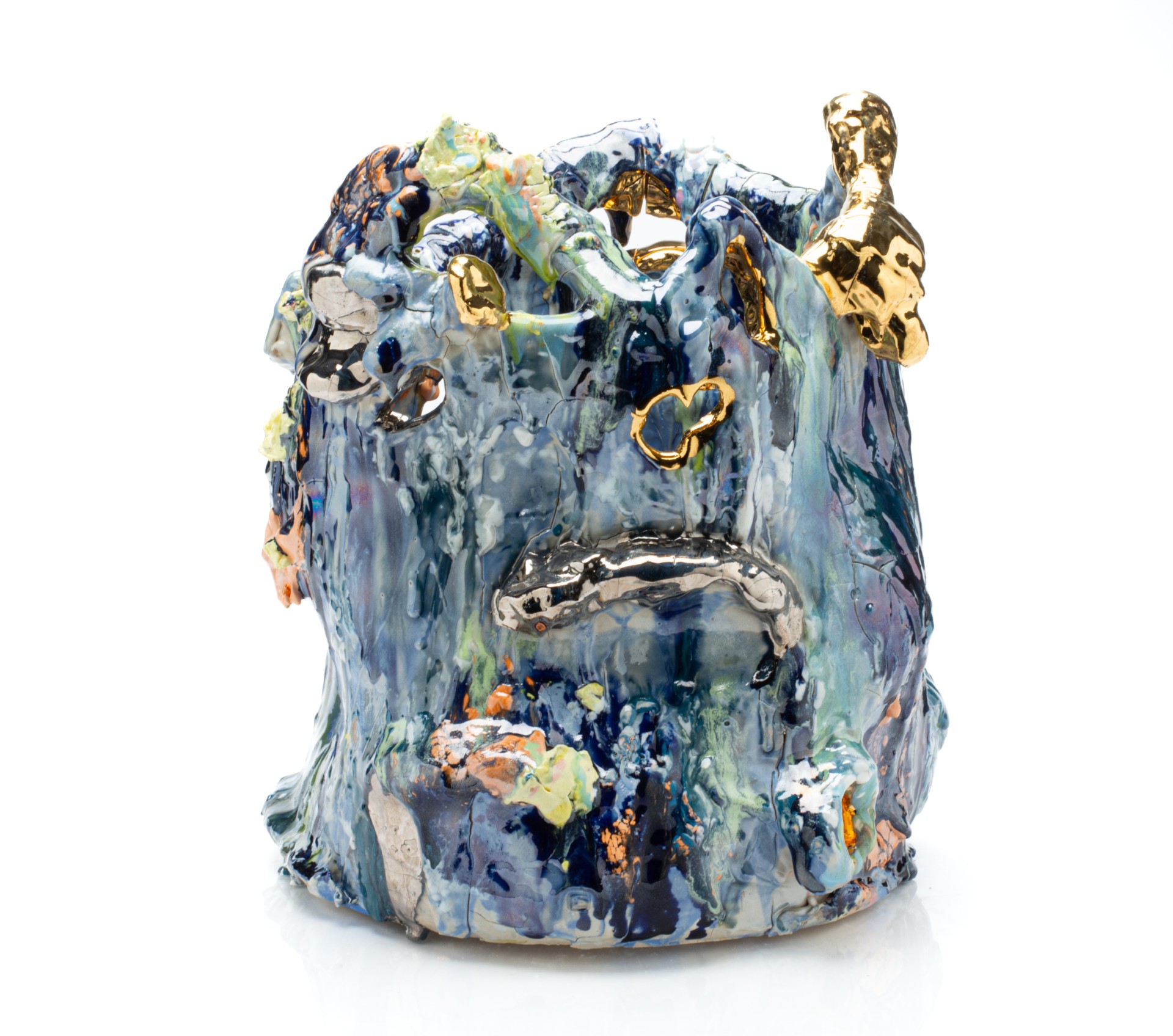 Abstract ceramic sculpture with blue and multicolored glaze and gold accents.